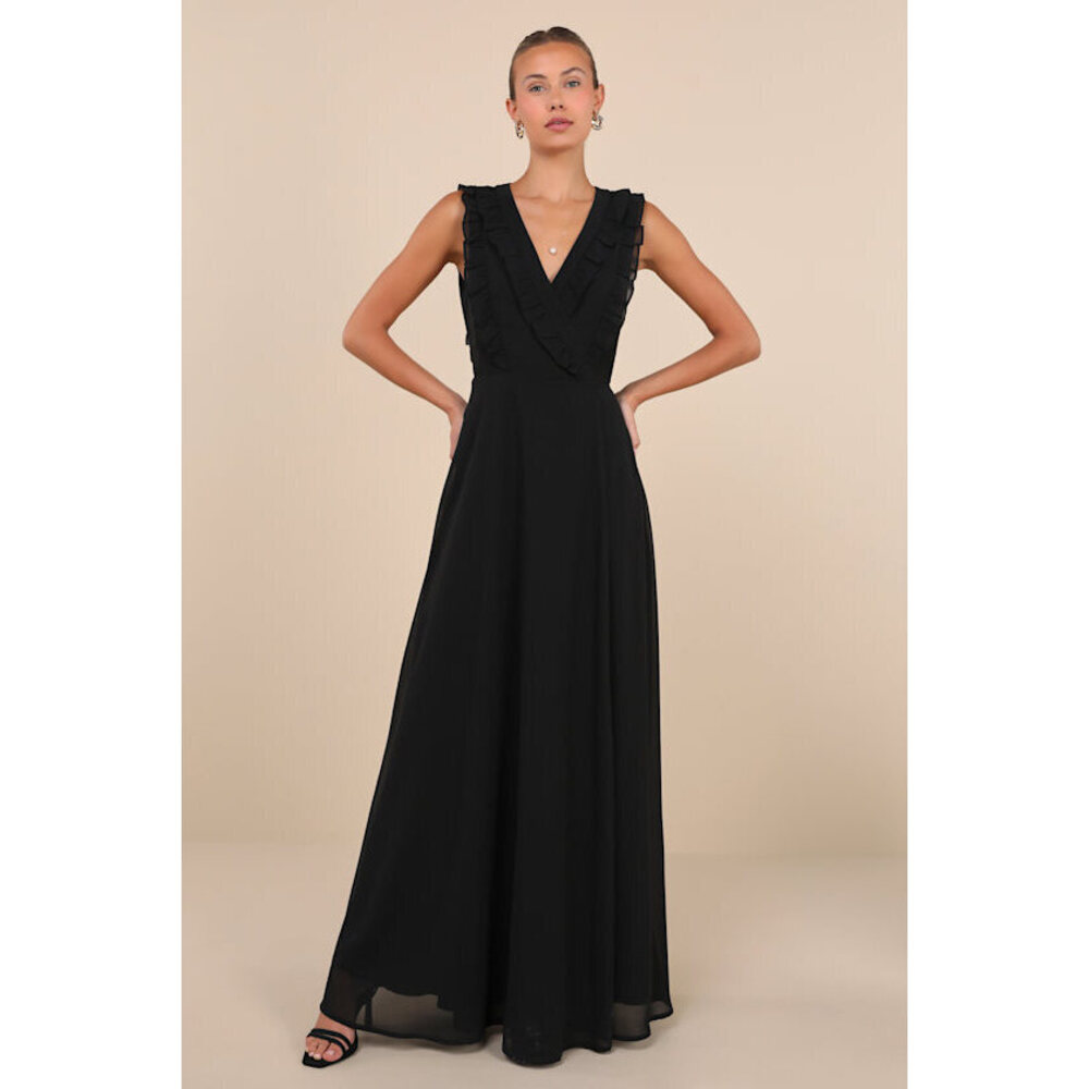 Lulus Major Elegance Black Sleeveless Ruffled Wrap Maxi Dress - Size S
